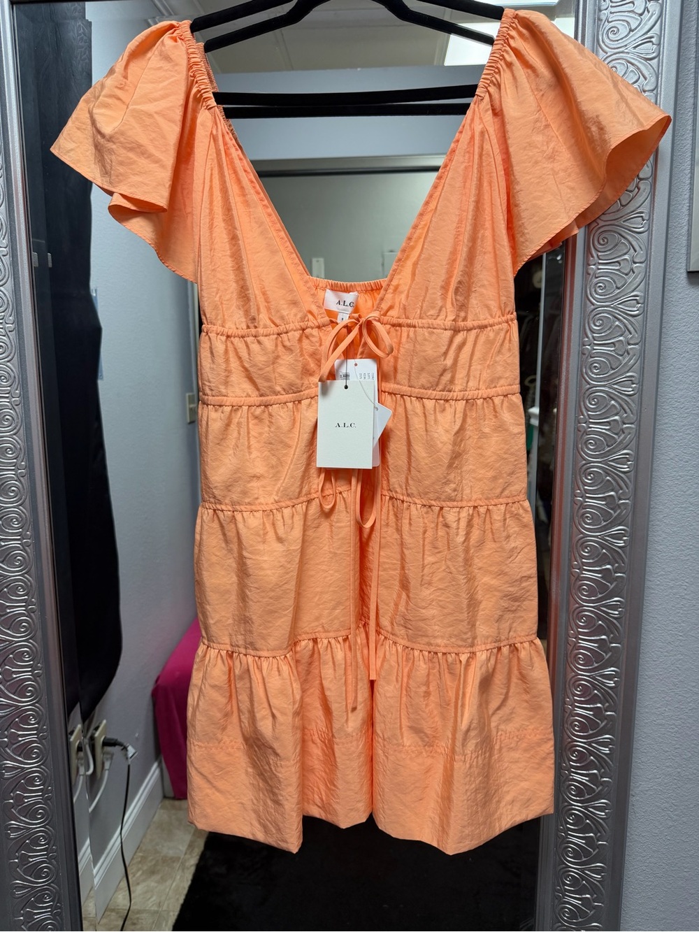 A.L.C. Coral Tie-Front Tiered Mini Dress